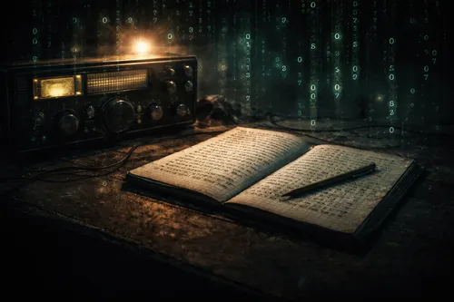 Radio a onde corte e quaderno con sequenze numeriche, evocazione del cifrario perfetto, crittografia e mistero delle comunicazioni segrete.