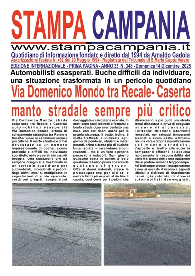 Strada dissestata tra Recale e Caserta: l’inchiesta di Stampa Campania finisce in prima pagina