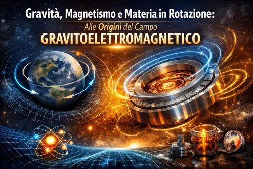 Illustrazione artistica di un campo gravitoelettromagnetico generato da una massa in rotazione, con linee di forza che uniscono magnetismo e gravità in un vortice di luce e materia.