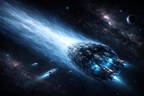 Copertina articolo misteri: cometa interstellare 3I/ATLAS con scia luminosa e possibile payload di microsonde.