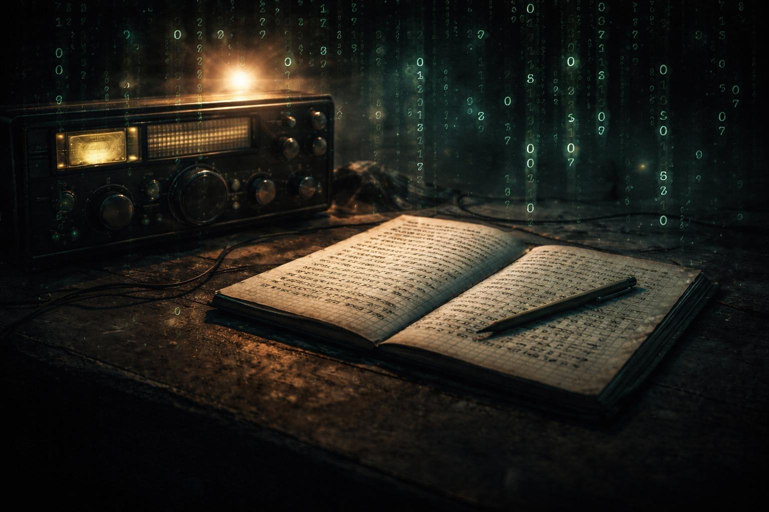 Radio a onde corte e quaderno con sequenze numeriche, evocazione del cifrario perfetto, crittografia e mistero delle comunicazioni segrete.