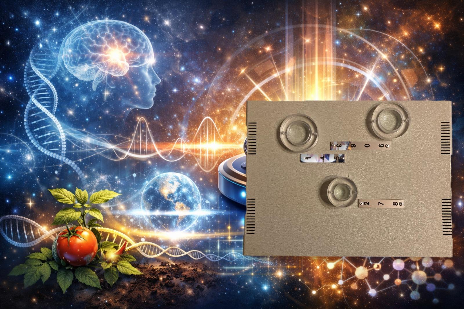 Conceptual image showing a Grabovoi PRK optical-informational device alongside a tomato plant, with symbolic representations of consciousness, DNA, and energy fields in a cosmic background.
