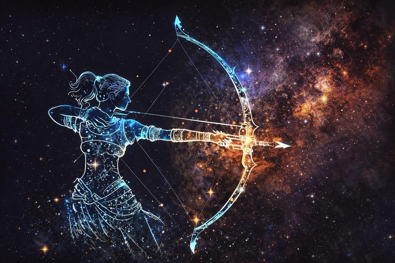 Artistic depiction of the constellation Sagittarius portrayed as a cosmic archer aiming toward the center of the Milky Way.