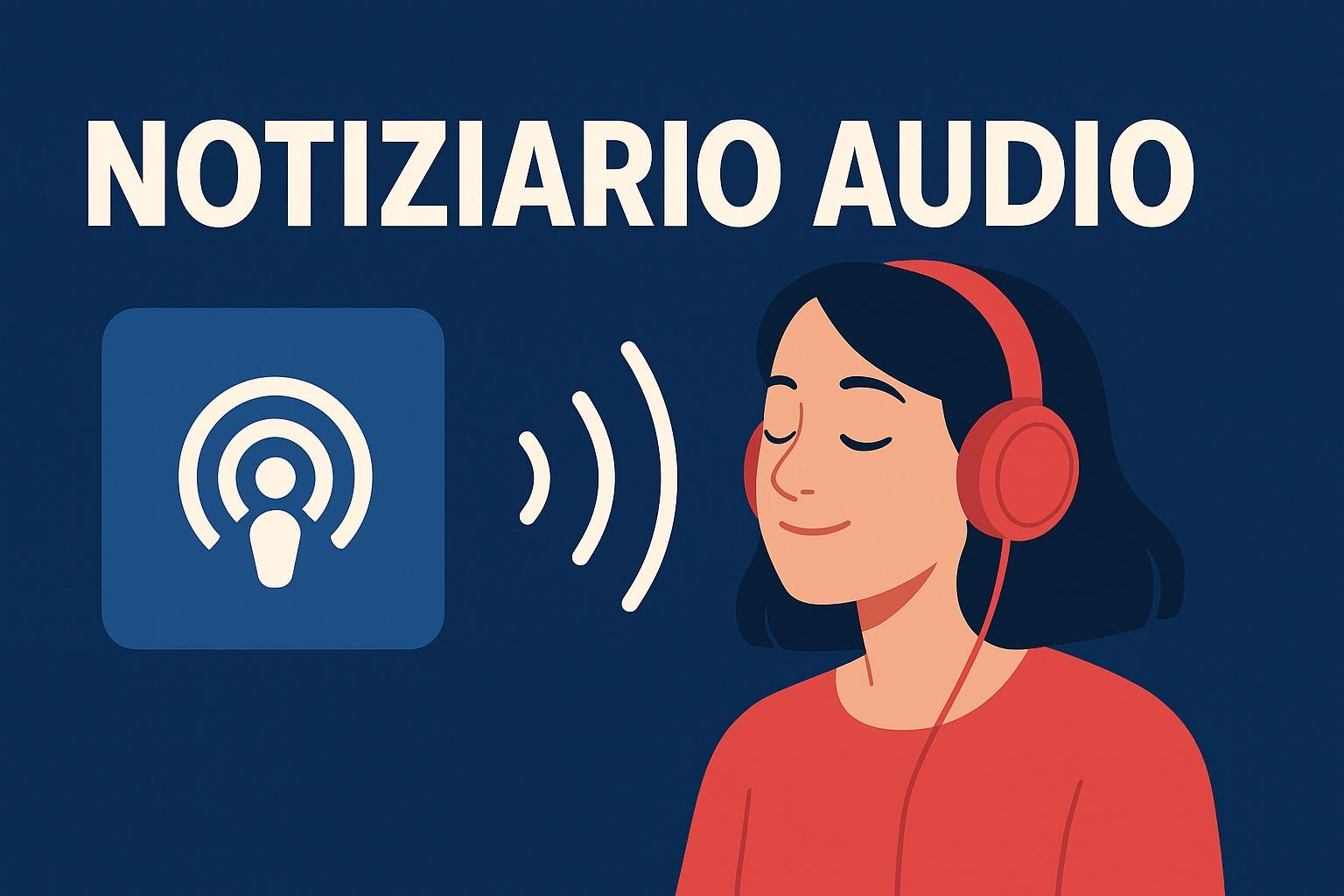 Illustrazione del Notiziario Audio di StampaCampania.it, con persona che ascolta le notizie in cuffia.