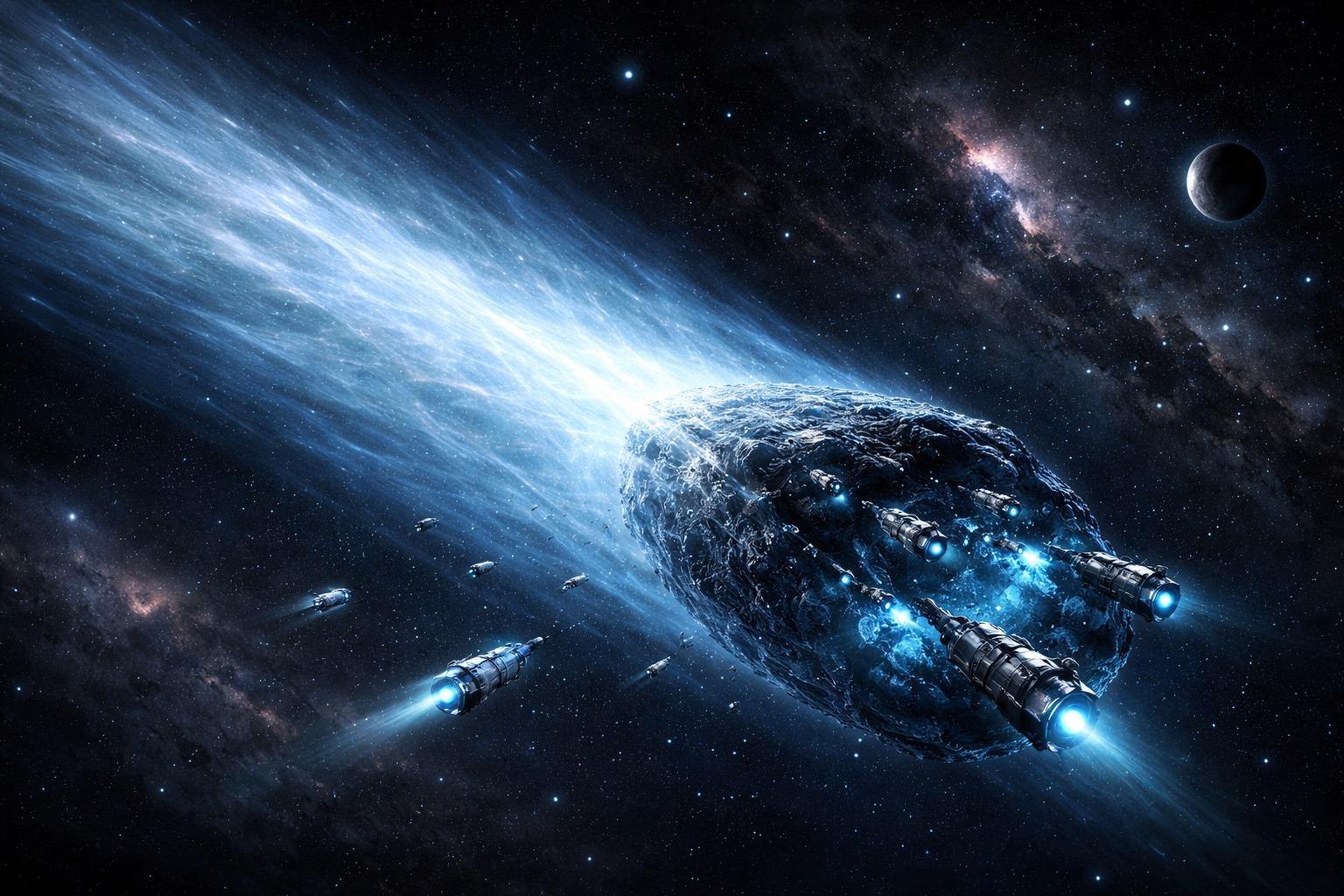 Copertina articolo misteri: cometa interstellare 3I/ATLAS con scia luminosa e possibile payload di microsonde.