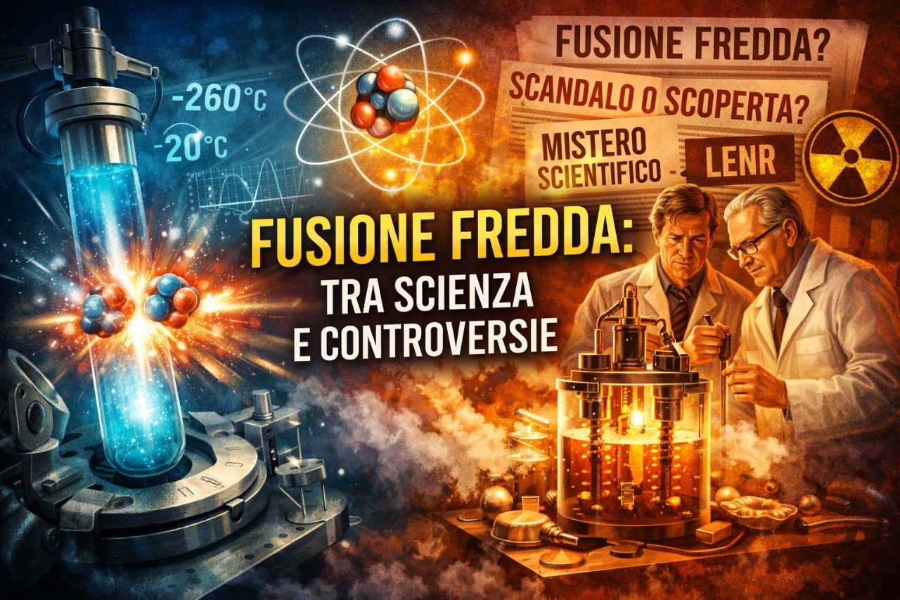 Illustrazione concettuale della fusione fredda con rappresentazione di fusione nucleare catalizzata da muoni e ricerca sulla fusione fredda elettrochimica